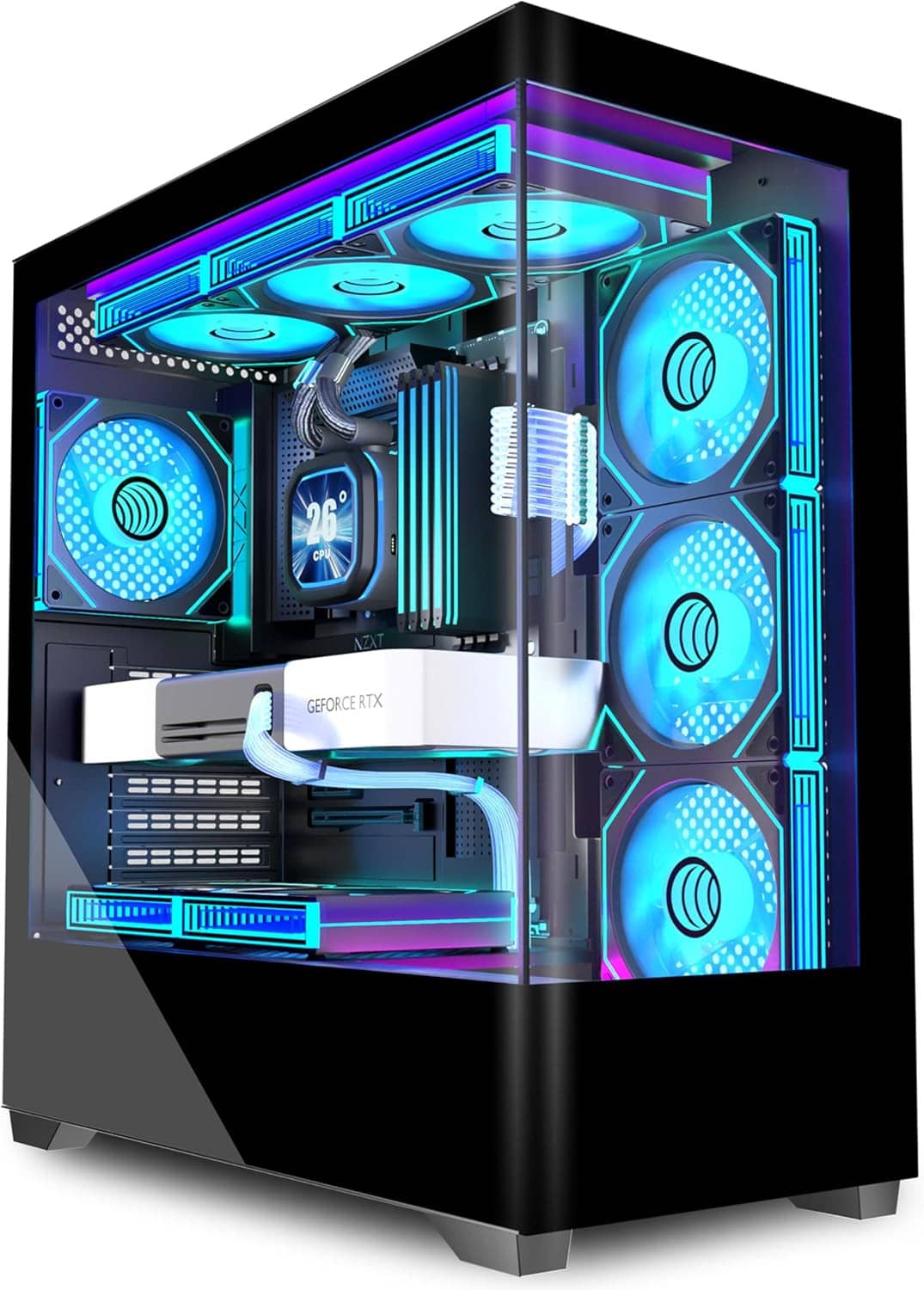 Black ATX mid-tower PC case with tempered glass side and blue/cyan ARGB fans