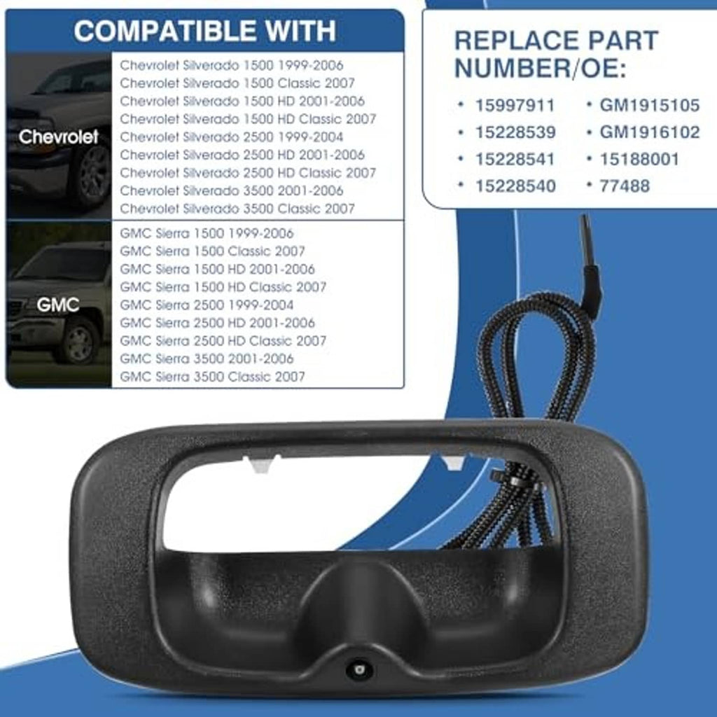Tailgate handle backup camera with black housing and wiring harness, shown from front
