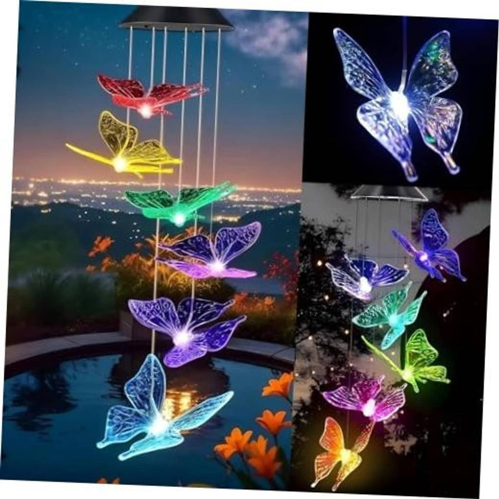 Solar butterfly wind chimes with color-changing LED butterflies on hanging rods