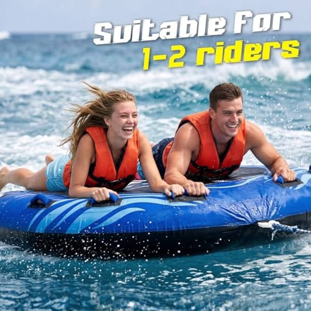 Blue inflatable towable boat inner tube with two riders seated and life vests