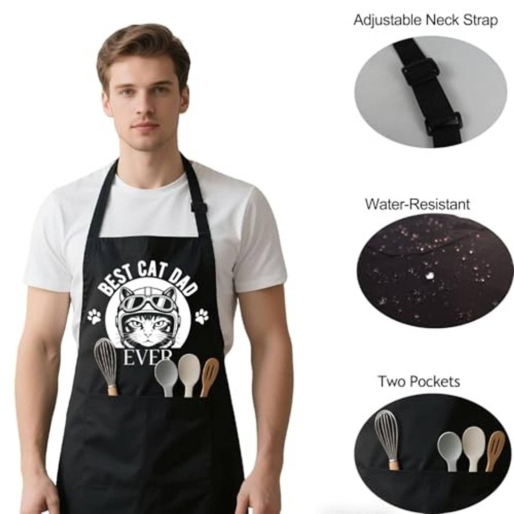 Black water-resistant apron with adjustable neck strap and two front pockets.