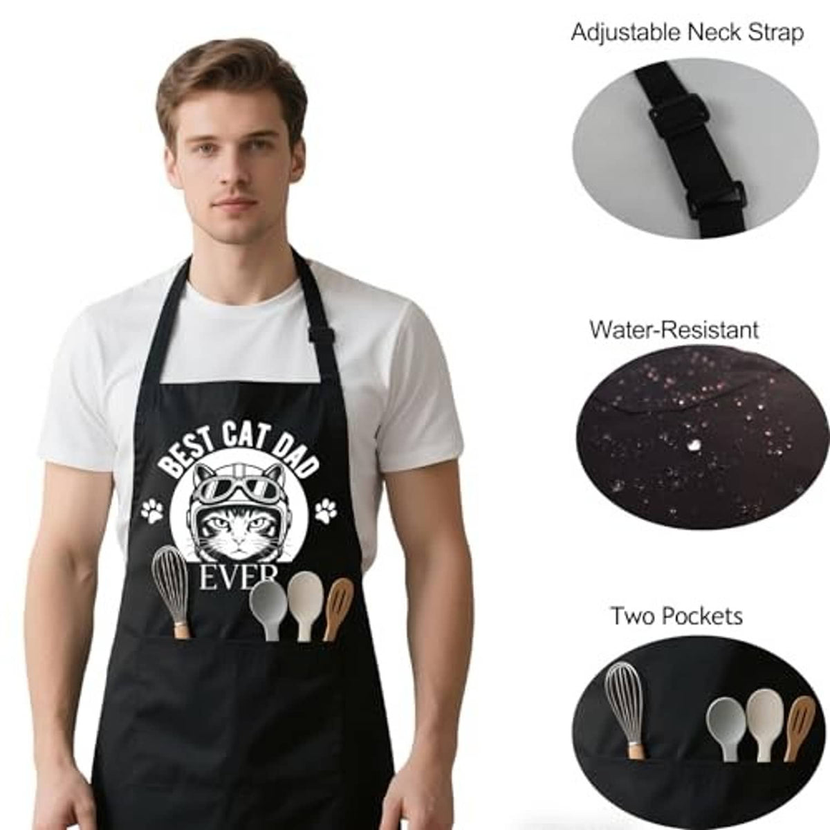 Black water-resistant apron with adjustable neck strap and two front pockets.