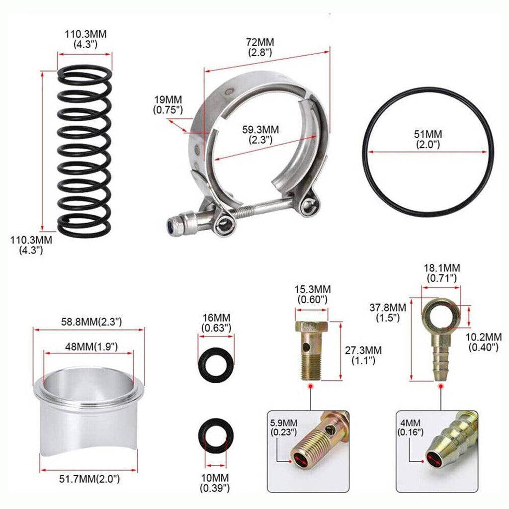 Turbo intake pipe kit parts set with spring, clamp rings, gasket seals, and hardware