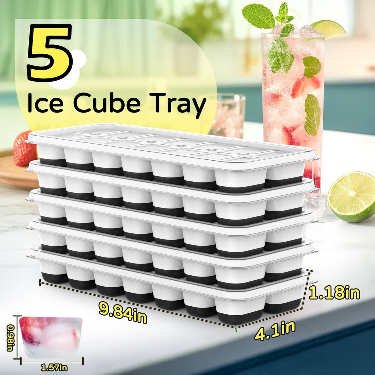 Stackable ice cube tray set with lid and black cube molds, ready for freezing