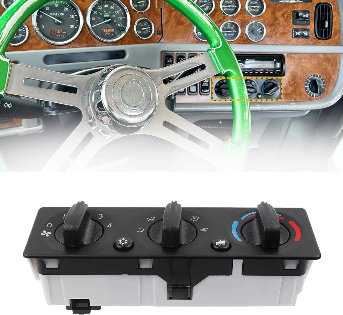 A/C climate control module panel front view with 3 knobs and central lighted button