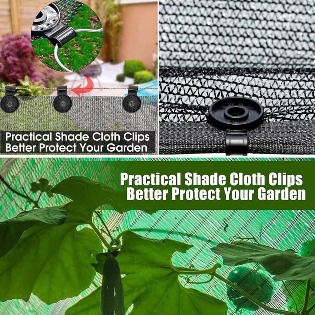 Black shade cloth clip with round base and bar clamp for mesh attachment