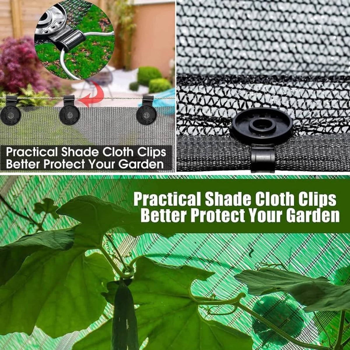 Black shade cloth clip with round base and bar clamp for mesh attachment