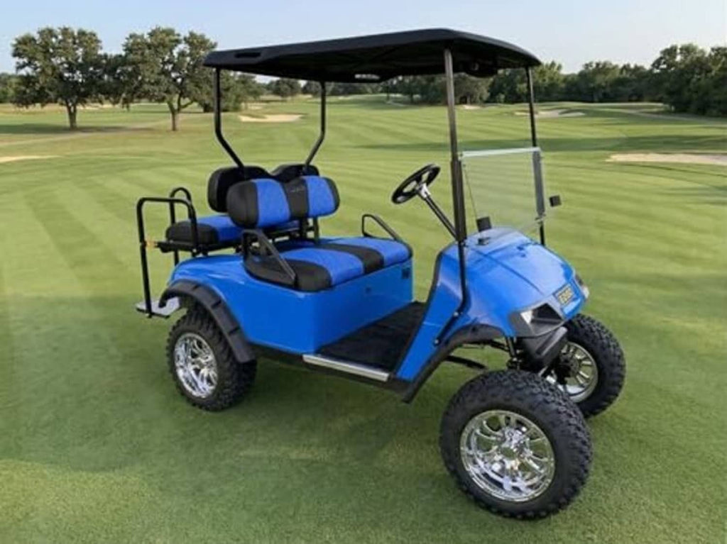 Blue and black seat covers with headrests on EZGO TXT/RXV golf cart