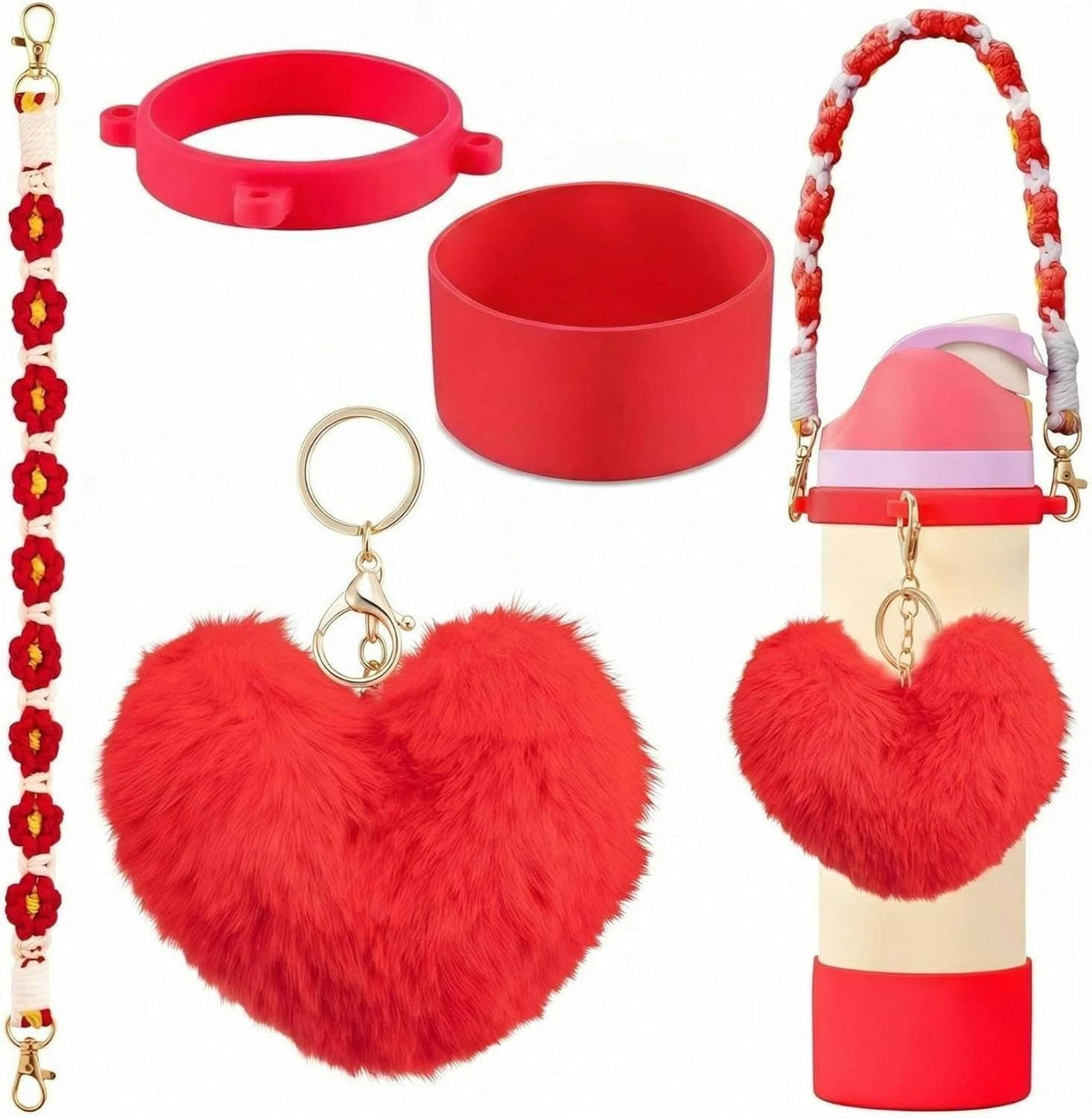 Owala Freesip 32oz red accessories: silicone cup base, keychain ring, plush heart charms