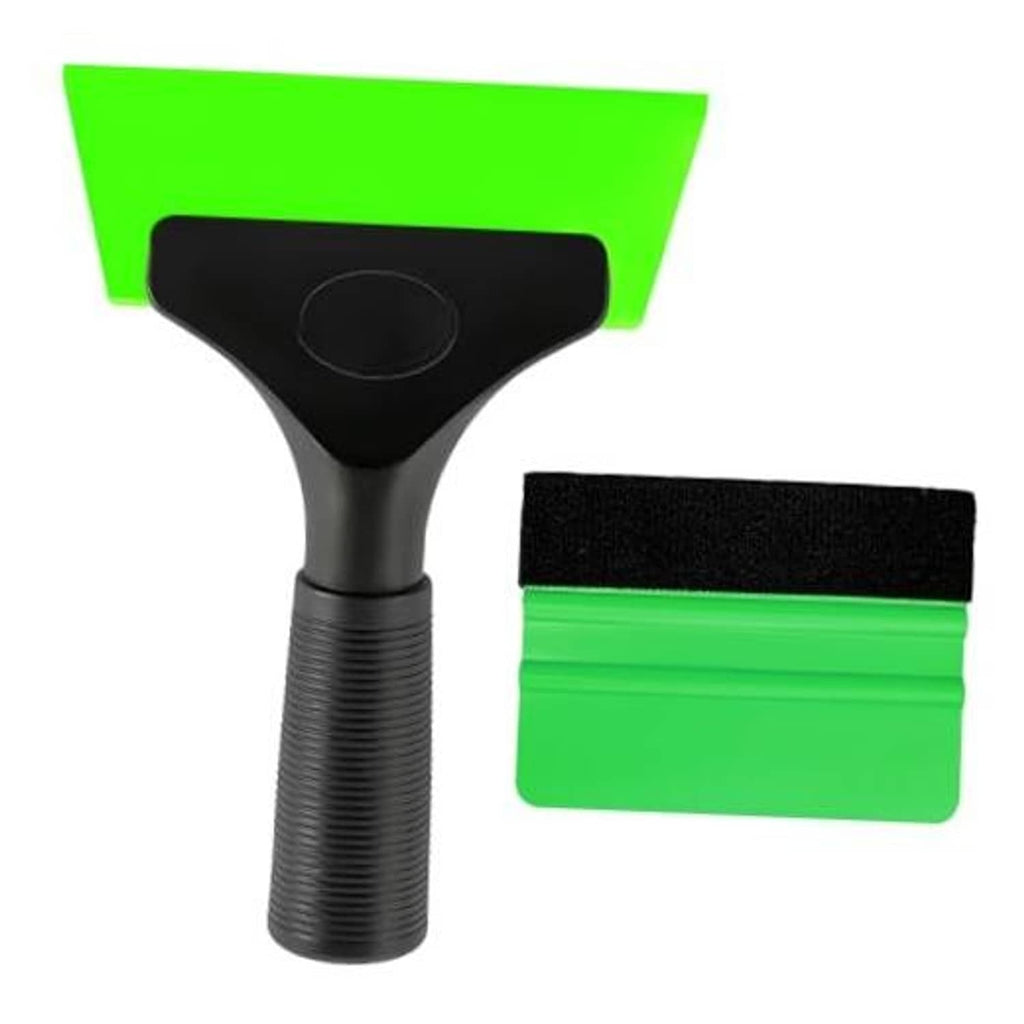 Window film squeegee tool kit with green blade and black handle, plus green film pad