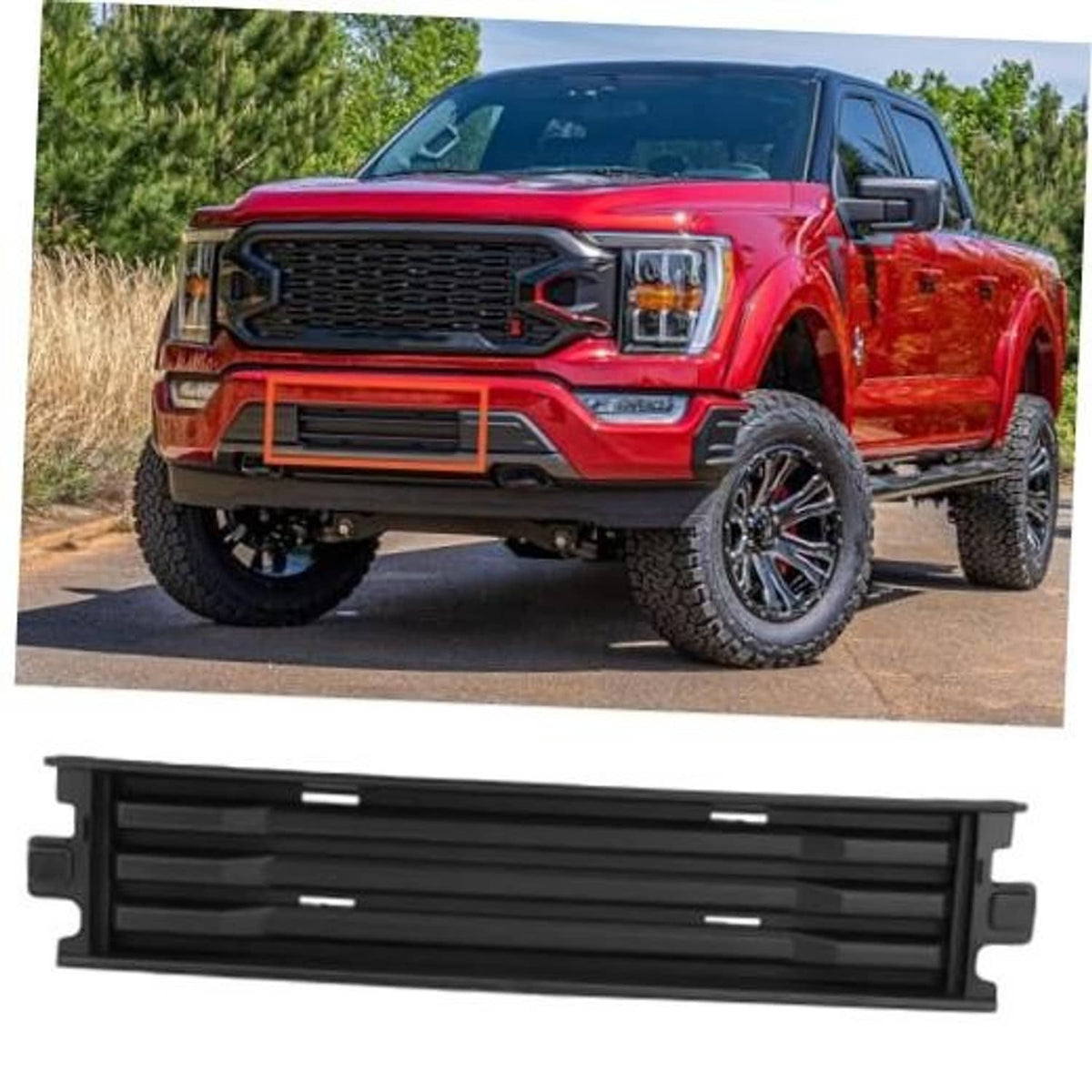 Black front bumper grille trim insert with horizontal slats, replacement part