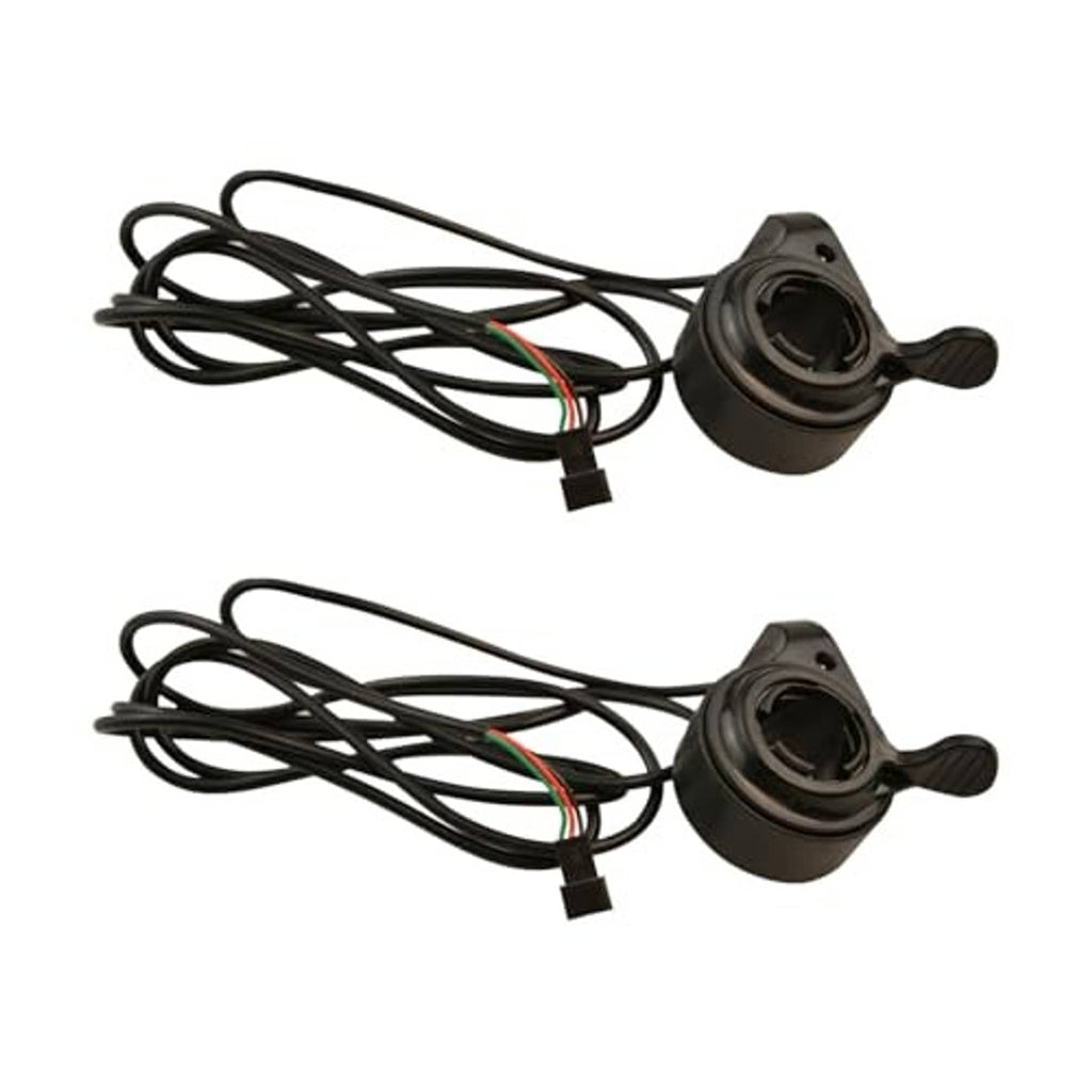 Two black thumb throttle speed controllers with attached cables and connector plugs