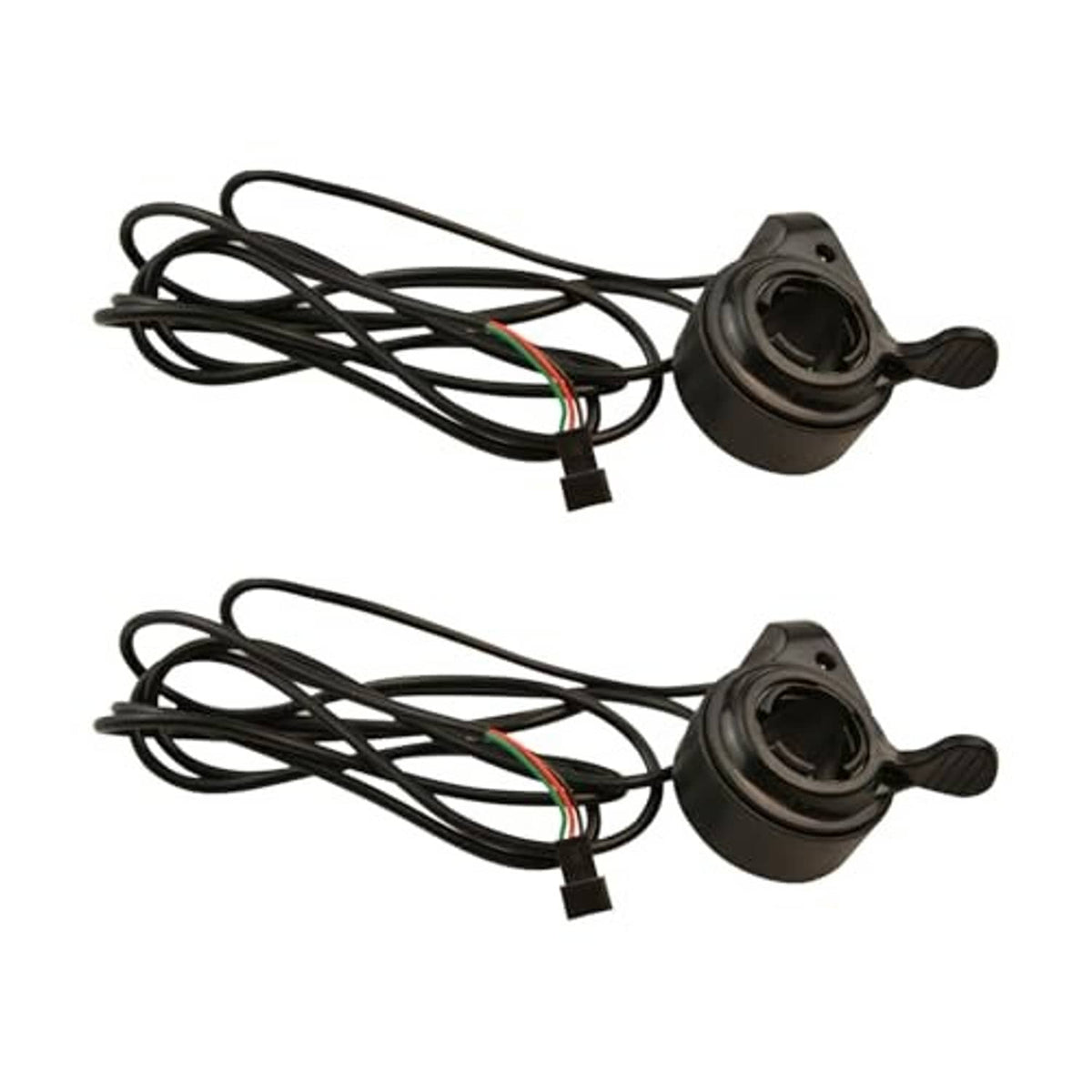 Two black thumb throttle speed controllers with attached cables and connector plugs