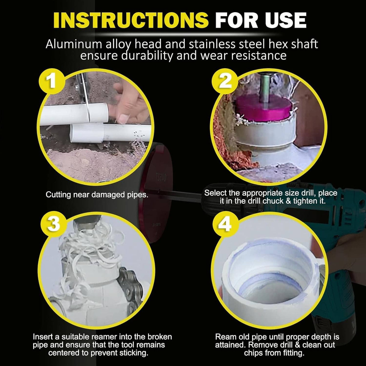 Reaming instructions showing damaged pipe, reamer insertion, and cleaning steps