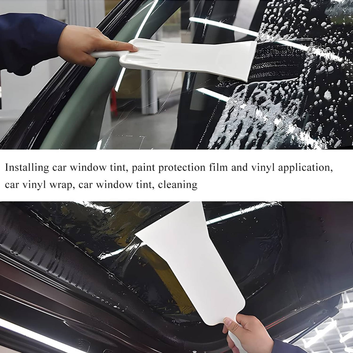 White window film squeegee with long handle smoothing sheet on car glass