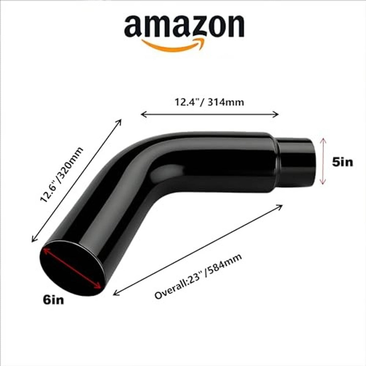 Curved black exhaust elbow pipe with open ends, glossy black finish, stainless steel