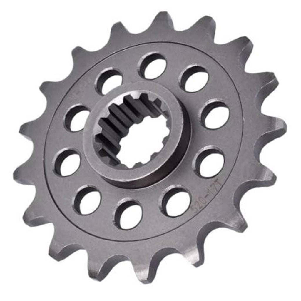 Front sprocket gear with circular bolt holes and central splined hub, dark steel finish