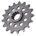 Front sprocket gear with circular bolt holes and central splined hub, dark steel finish
