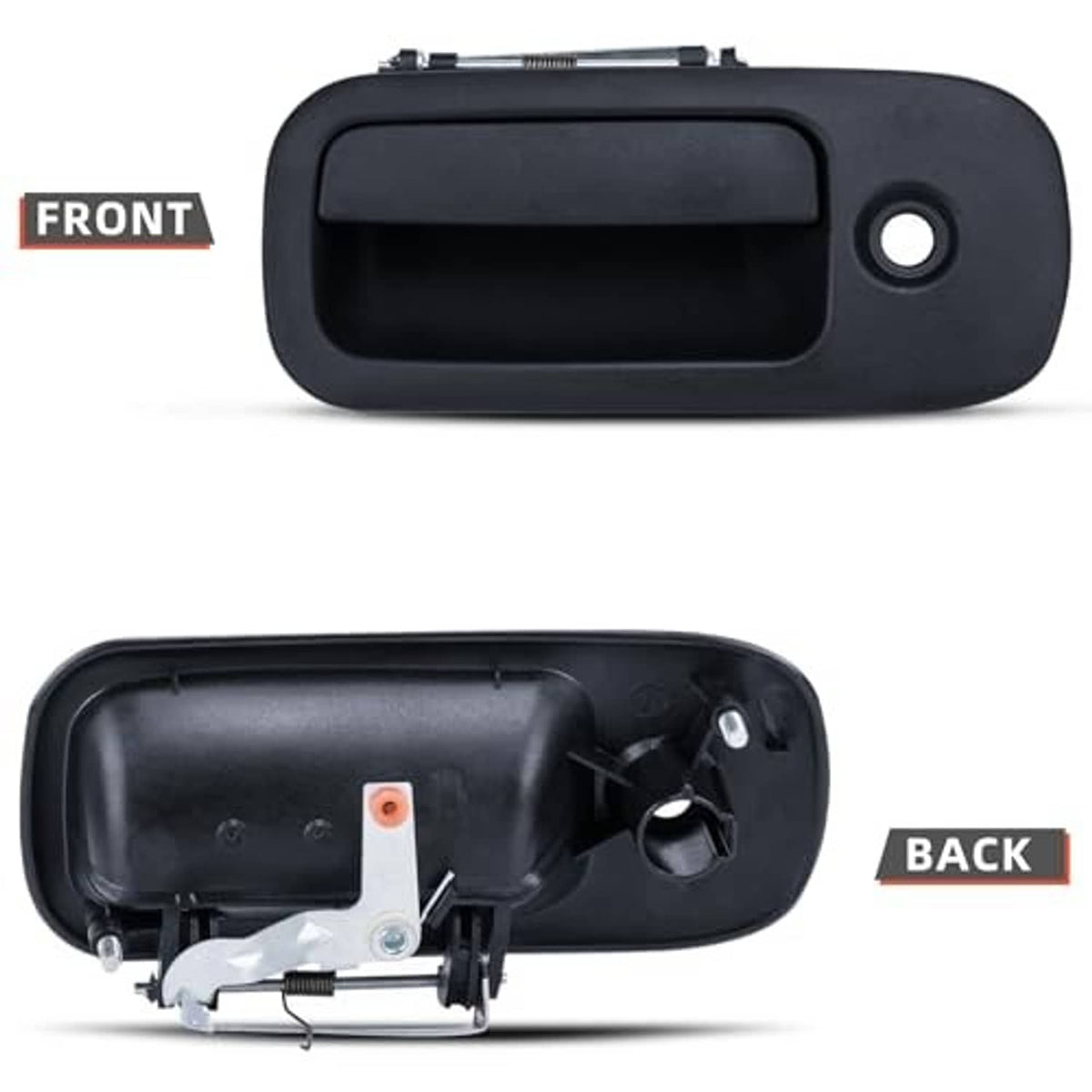 Exterior door handle with internal latch housing and metal linkage, dark gray/black