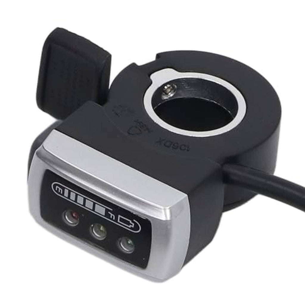 Compact thumb throttle with black ring grip and silver electronic switch housing