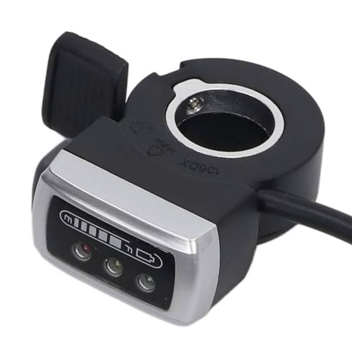 Compact thumb throttle with black ring grip and silver electronic switch housing