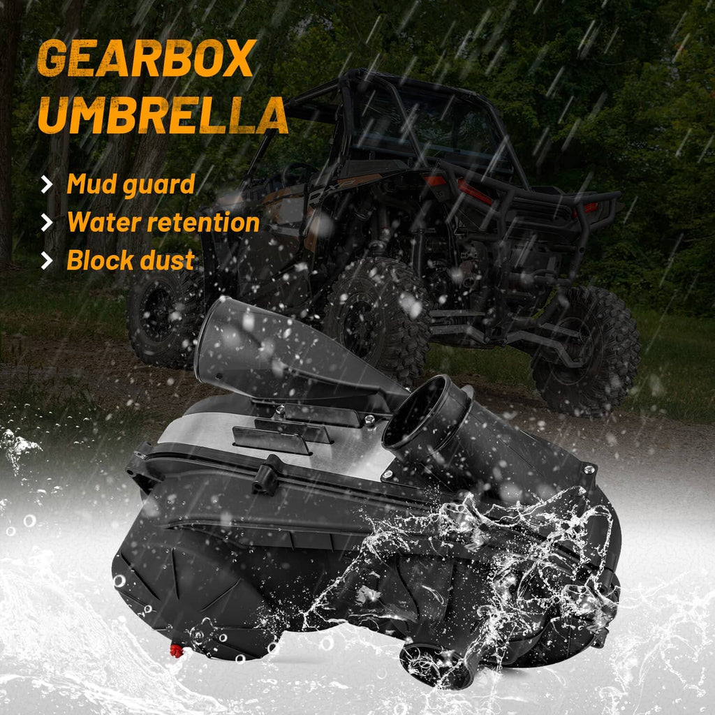 Black clutch belt cover set with hinged intake/outlet sections and rugged molded panels