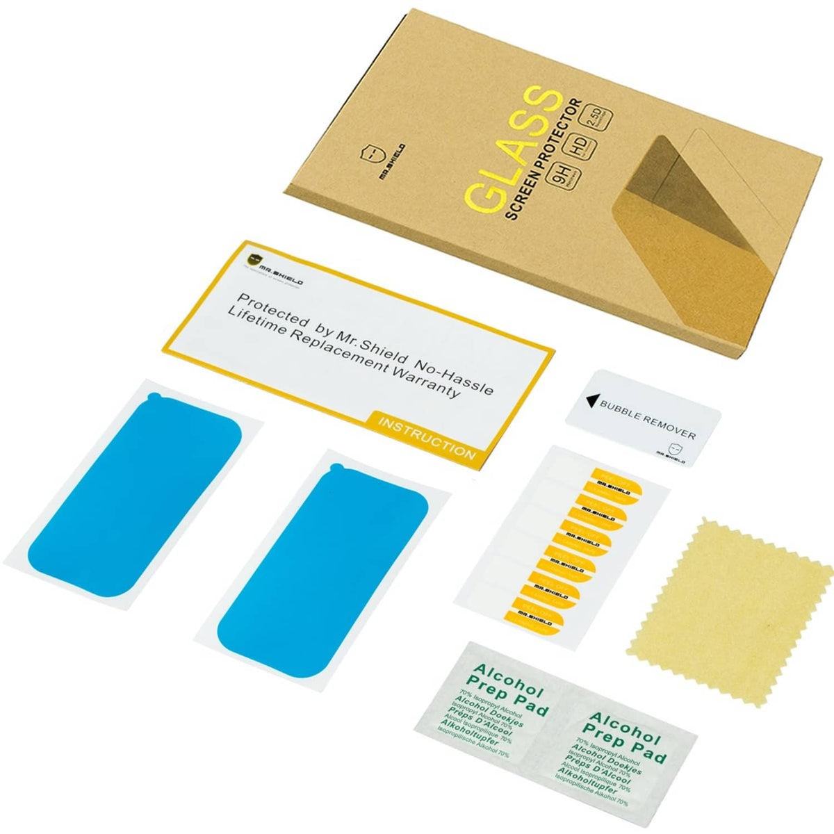 Tempered glass screen protector kit with alcohol prep pads and instruction card