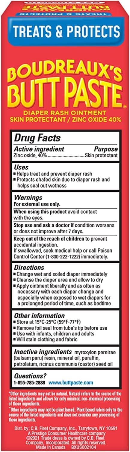 Boudreaux’s Butt Paste Max Strength back label with directions and active ingredients.