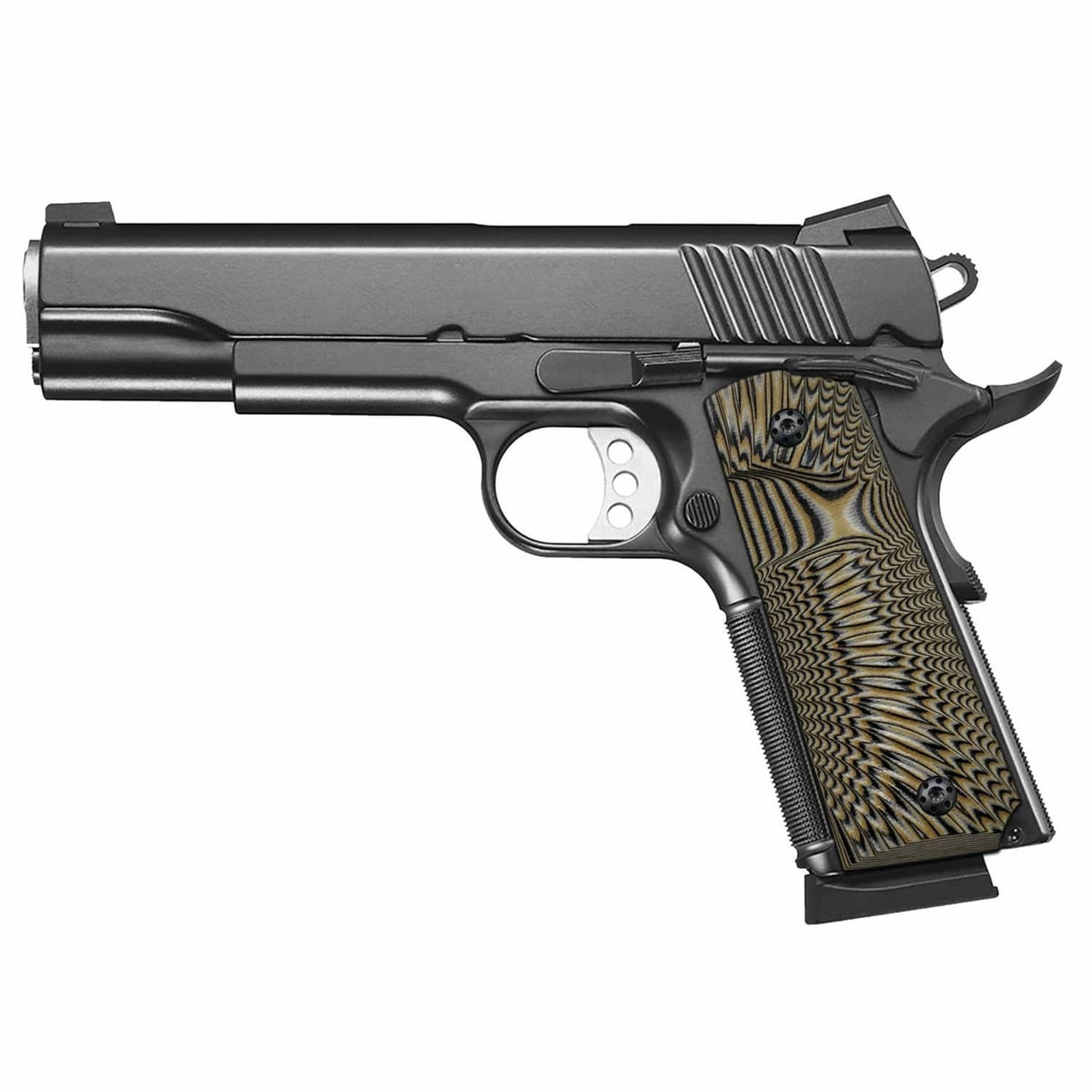 Full-size pistol with coyote tan wavy sunburst G10 grip panels and ambi-side cutout