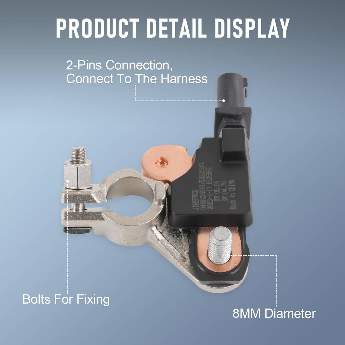 Battery current sensor detailed view with 2-pin connector and fixing bolt
