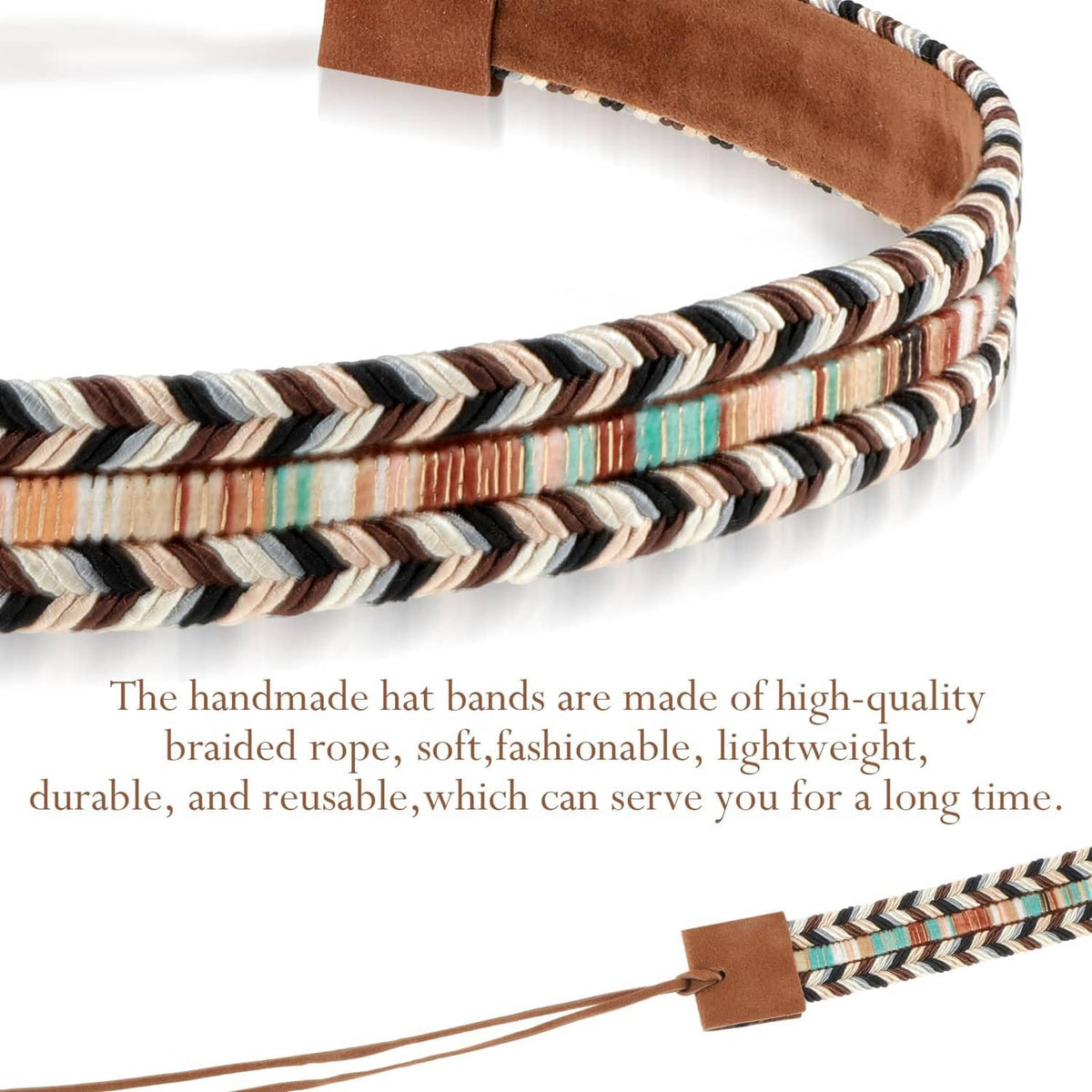 Braided hat band close-up with black, white, brown and teal striped rope weave