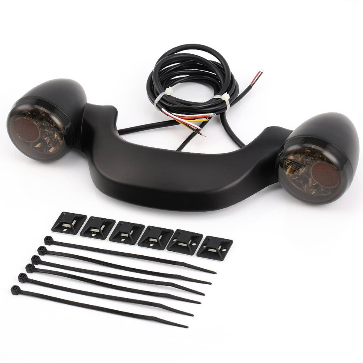 Black LED bullet light bar kit with round lenses, wiring, mounting brackets, and screws