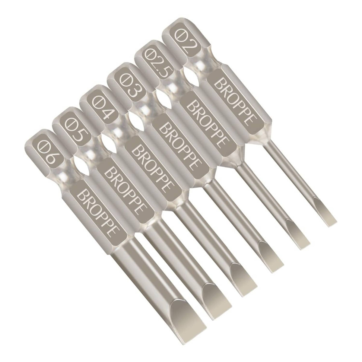 6-piece slotted screwdriver bit set, silver flathead bits with numbered heads