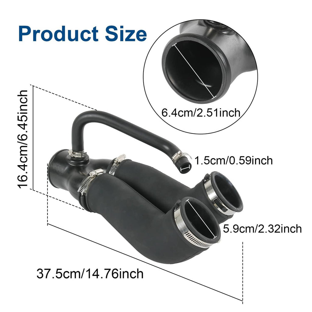 Black air intake hose with curved elbows and metal clamps, shown with dimensions