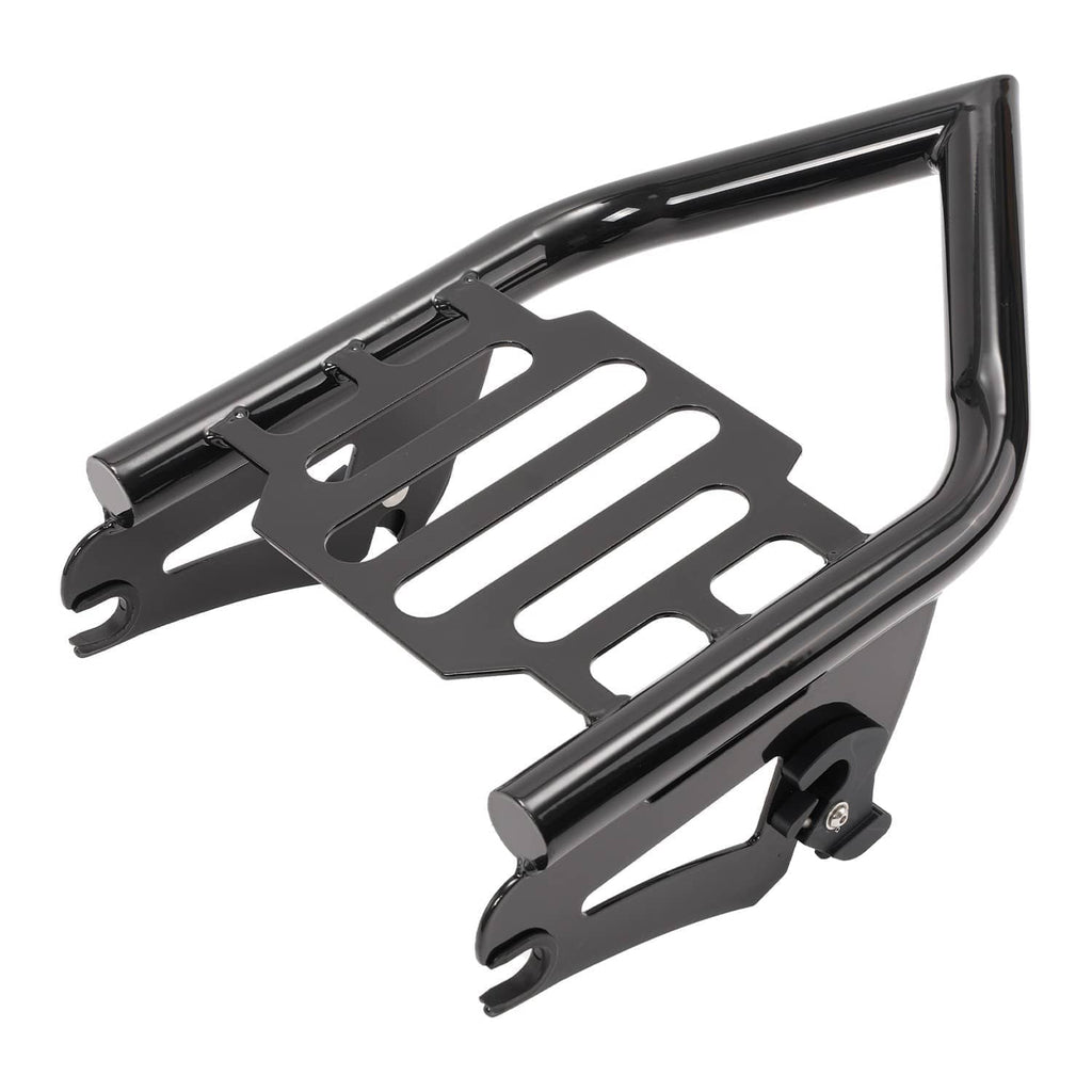 Black two-up motorcycle luggage rack with slatted deck and adjustable mounting arms