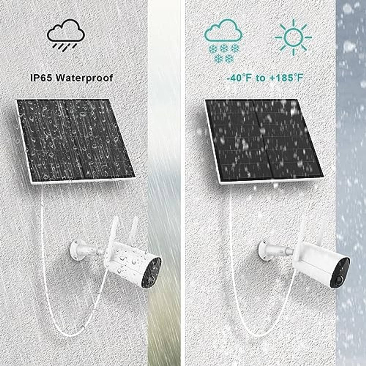 Outdoor solar panel kit shown under rain and sun, with dark photovoltaic panel and mounts