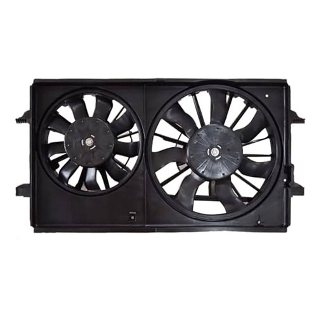 Black dual radiator cooling fans with circular blades mounted in rectangular fan shroud