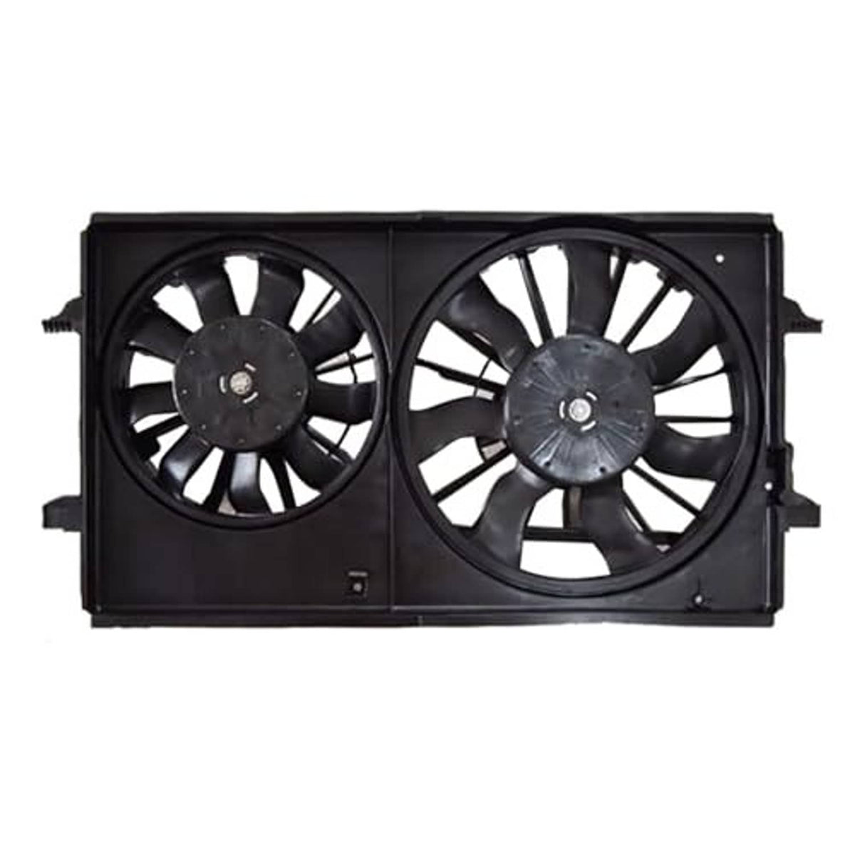 Black dual radiator cooling fans with circular blades mounted in rectangular fan shroud
