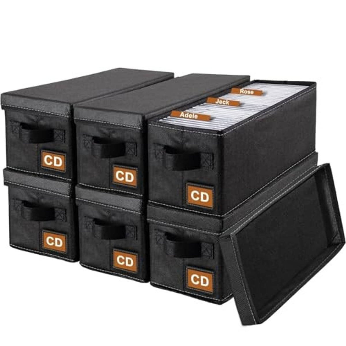Six-pack set of black fabric CD storage boxes with stacked drawers and square CD labels