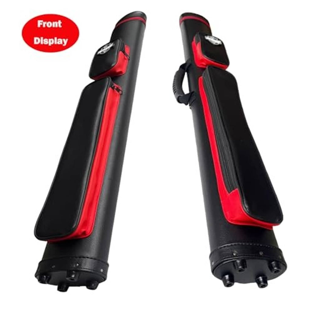 Black cue case with red-lined front slot and protective outer shell