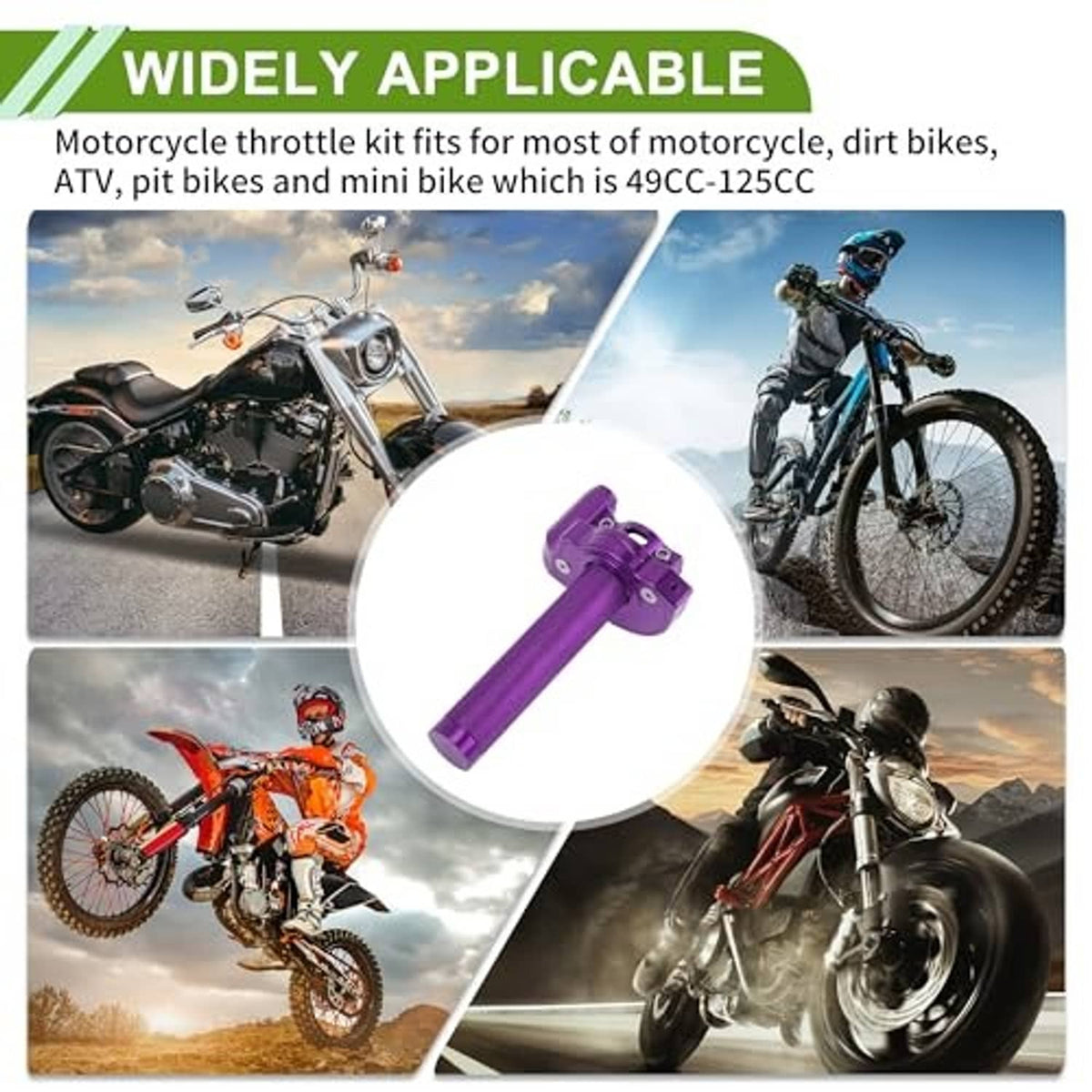 Purple throttle grip with white cable inset, featuring motocross and bike application collage