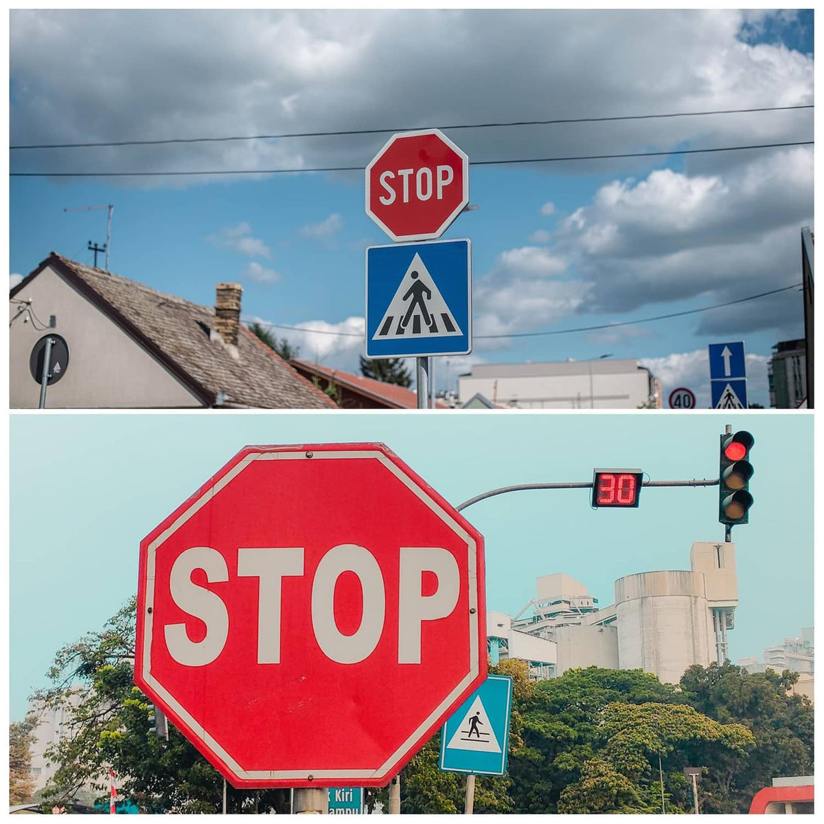 Octagonal red STOP sign with white letters on a pole