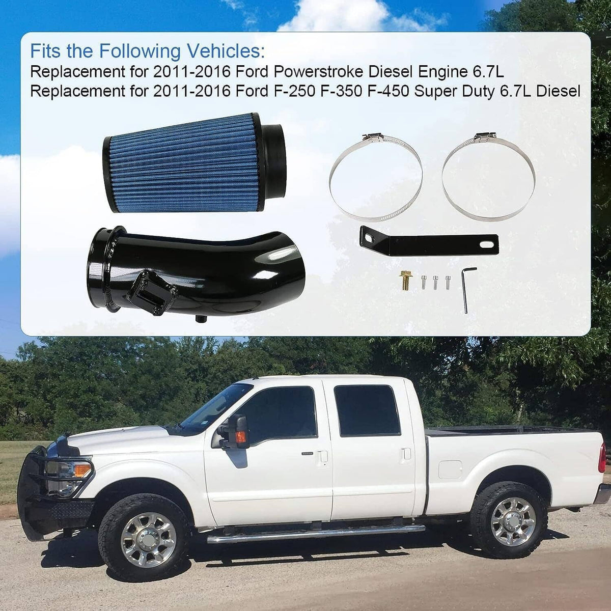 Black intake pipe and blue pleated filter kit with included clamps and bracket