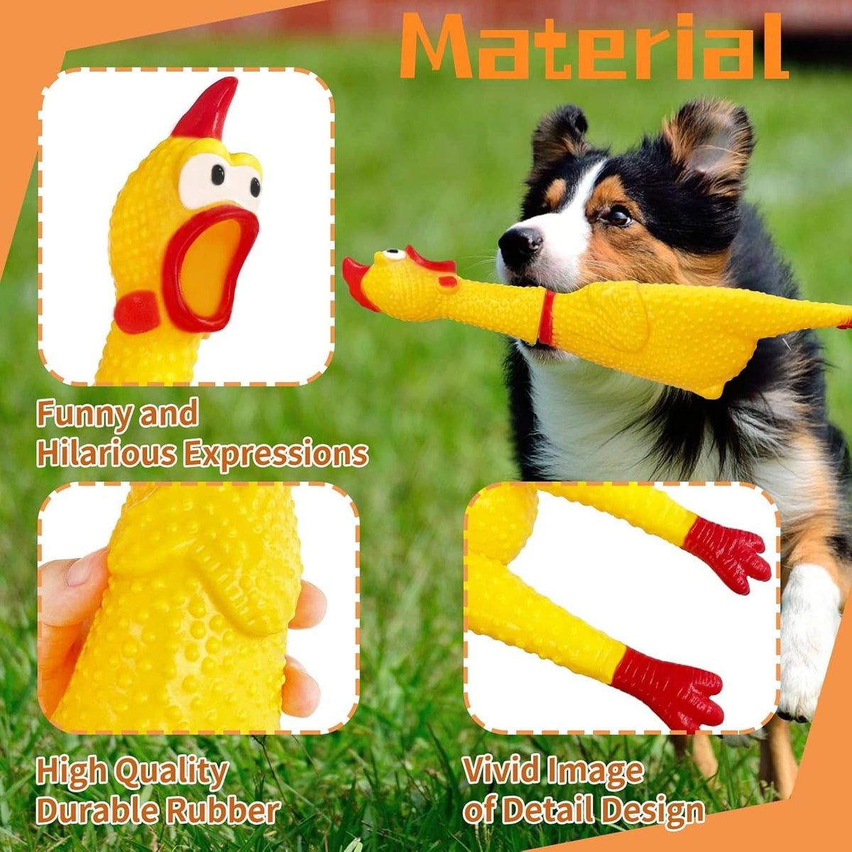 Yellow rubber squeaky chicken held in hand, red beak and comb, textured body