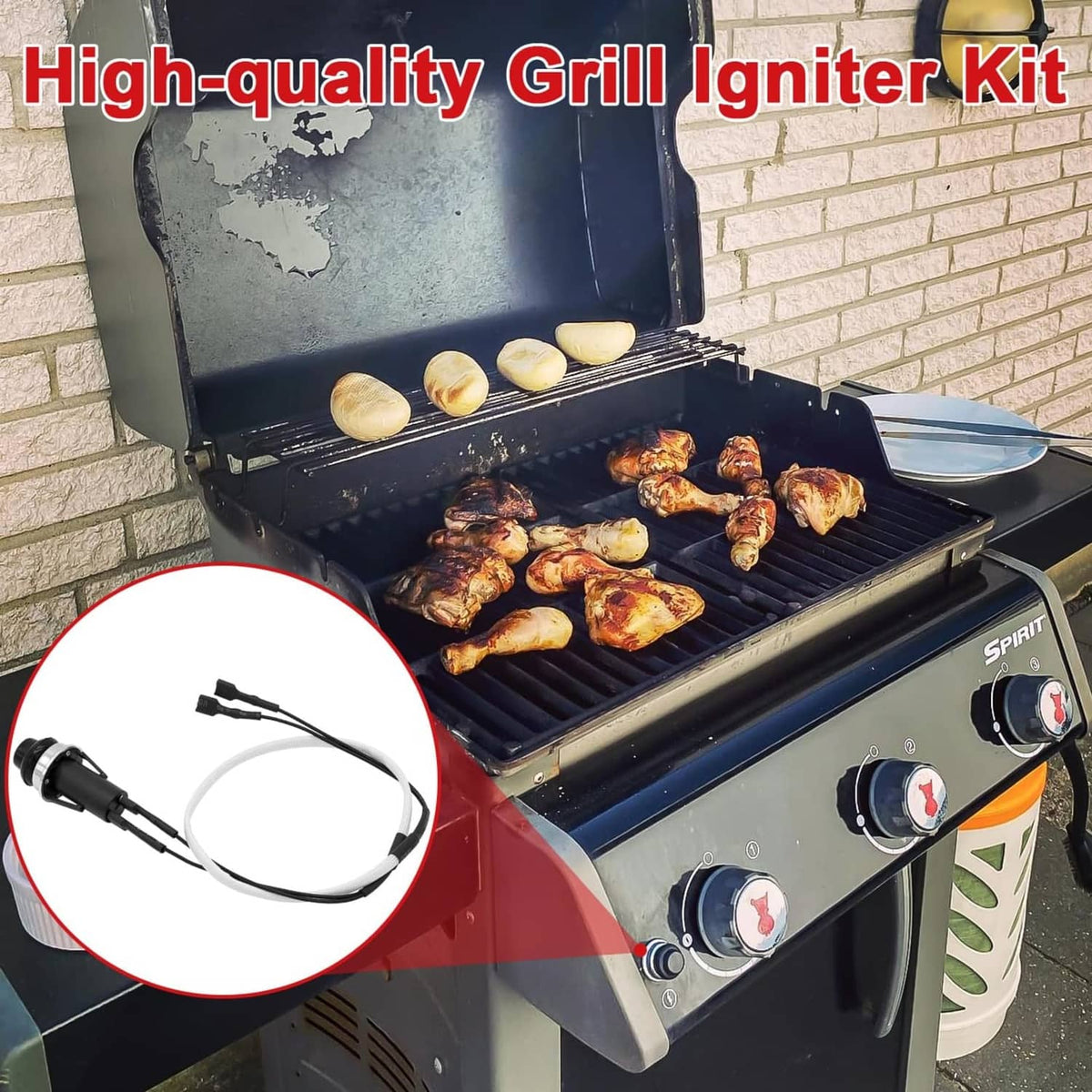 Grill igniter kit installed on gas grill lid area with wire electrode near burner grate