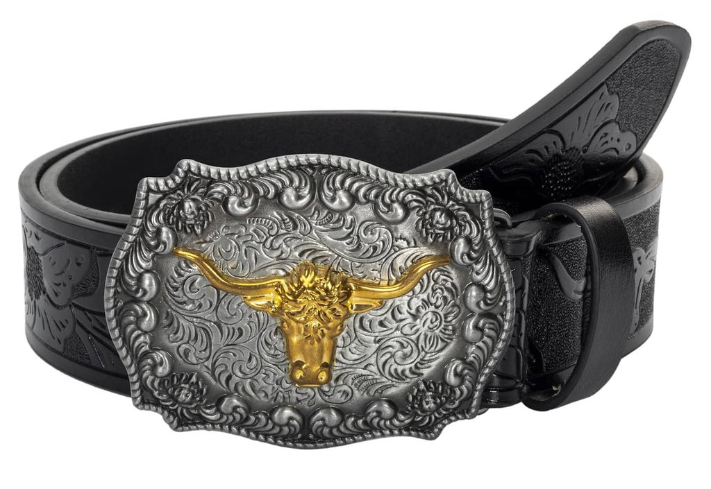 Western cowboy belt detail: black embossed leather strap with silver oval buckle and gold bull