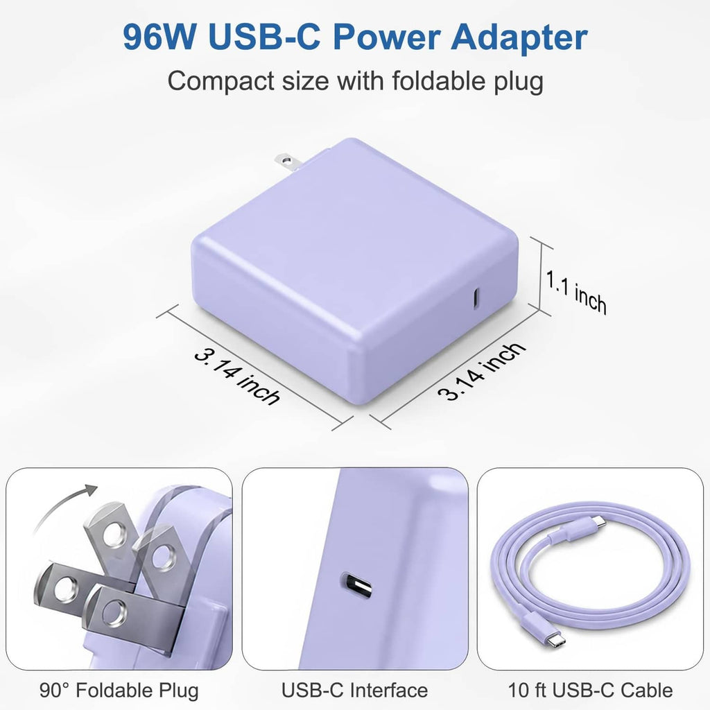 Purple USB-C power adapter with foldable plug and 10 ft charging cable