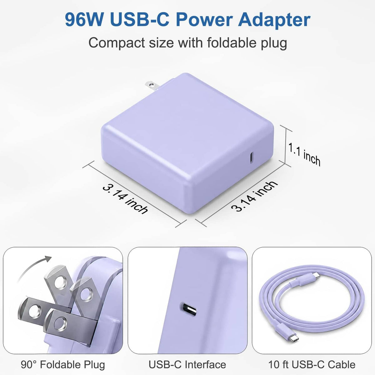 Purple USB-C power adapter with foldable plug and 10 ft charging cable