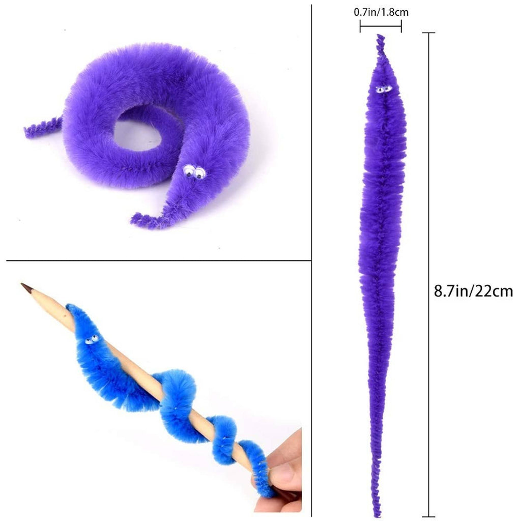Purple fuzzy twisty worm toy on a string with googly eyes, size marked