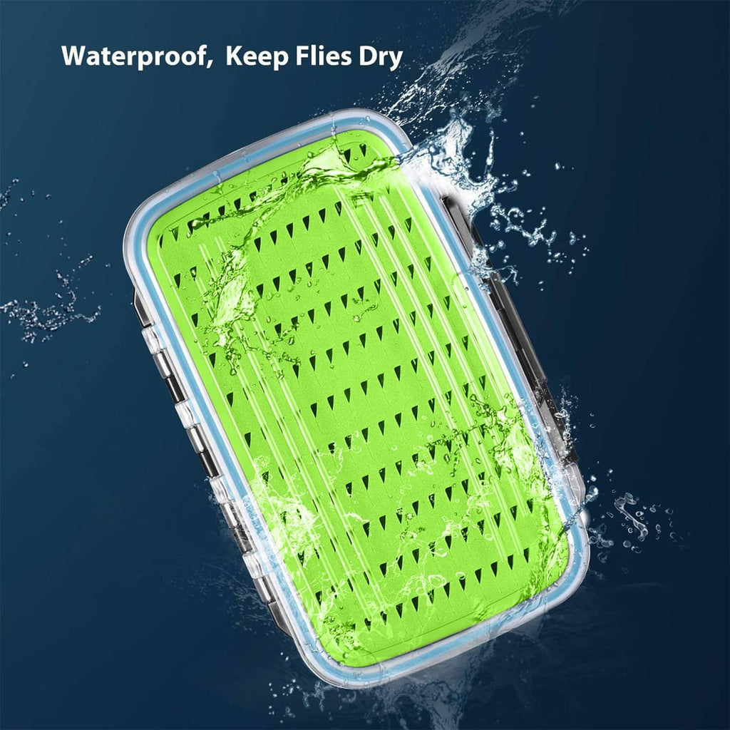 Water-resistant fly fishing tackle box with clear lid and lime foam fly insert